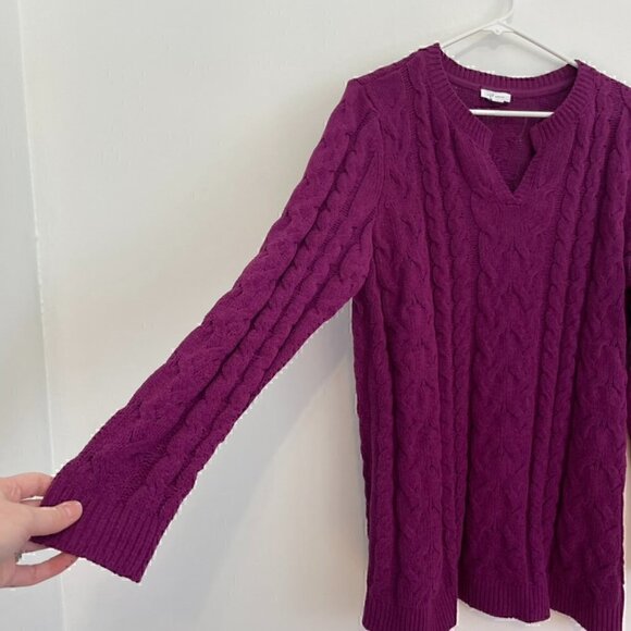 J. JILL Split Neck Chenille Tunic Sweater Solid Purple Chunky Cable Knit Large L - Picture 7 of 12